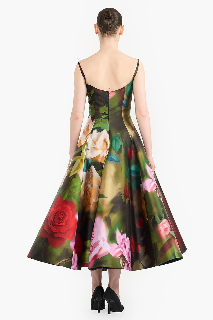 Multi-Colored Mikado Floral Printed Flared Midi Party Wear Dress by Gauri And Nainika at Pernia's Pop Up Shop