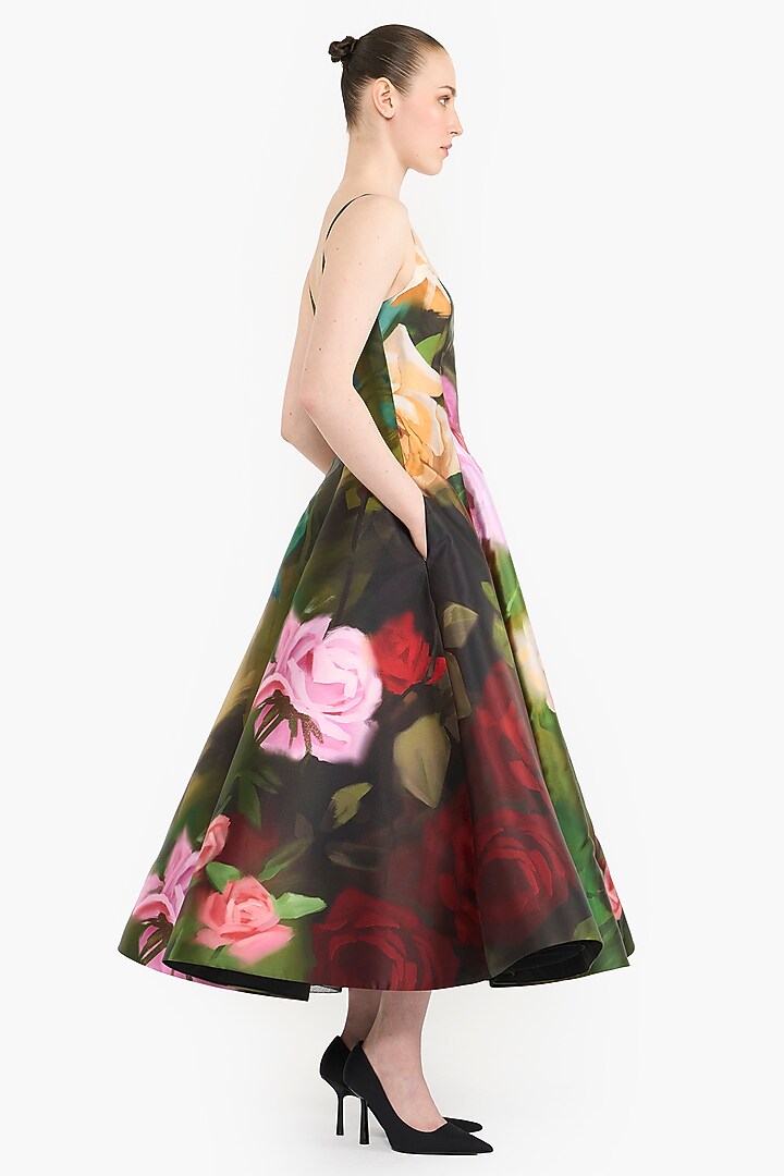Multi-Colored Mikado Floral Printed Flared Midi Party Wear Dress by Gauri And Nainika at Pernia's Pop Up Shop