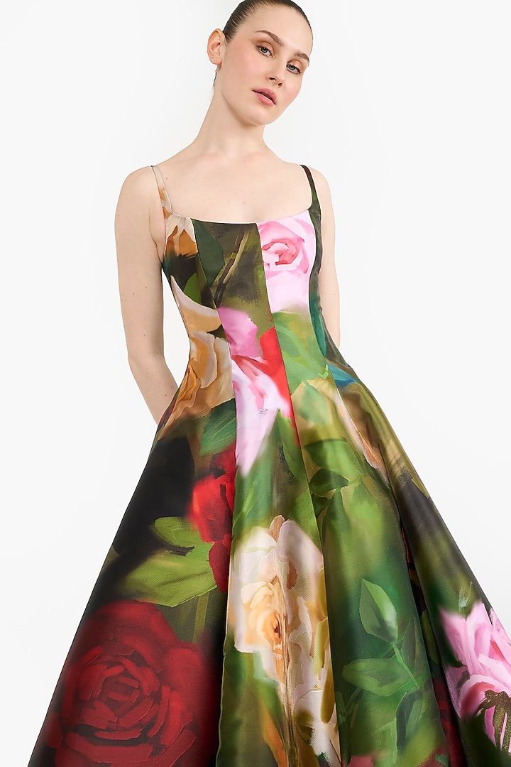 Multi-Colored Mikado Floral Printed Flared Midi Party Wear Dress by Gauri And Nainika at Pernia's Pop Up Shop