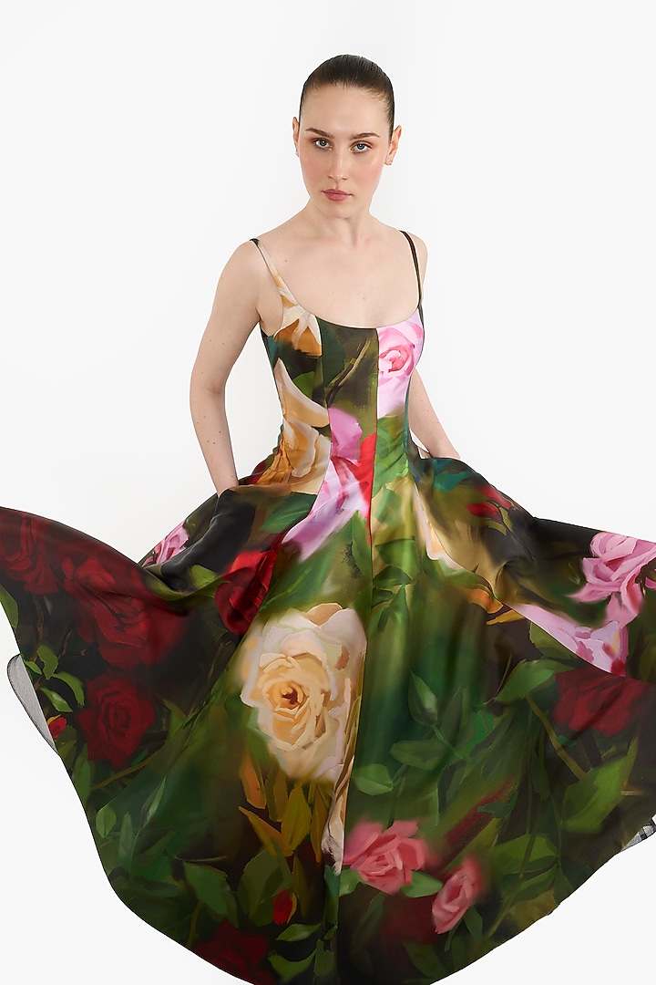 Multi-Colored Mikado Floral Printed Flared Midi Party Wear Dress by Gauri And Nainika at Pernia's Pop Up Shop