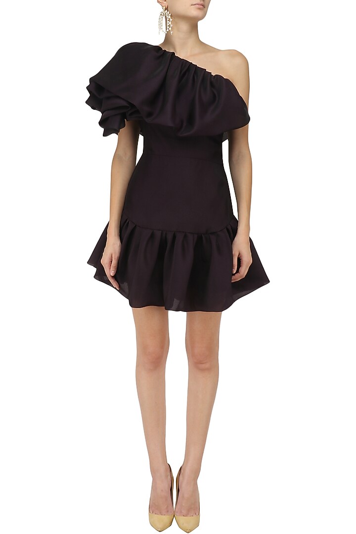 Black bubble frill one shoulder dress available only at Pernia's Pop Up Shop.