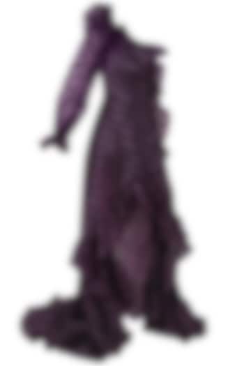 Plum one shoulder pouf sleeves gown available only at Pernia's Pop Up Shop.
