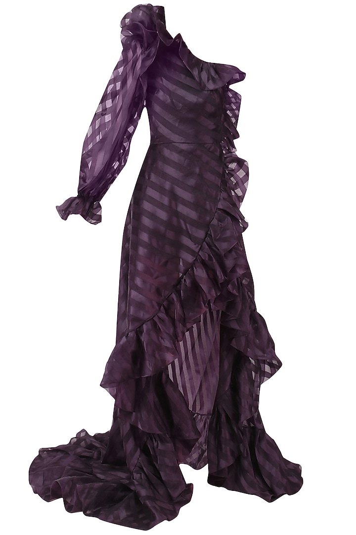 Plum one shoulder pouf sleeves gown available only at Pernia's Pop Up Shop.