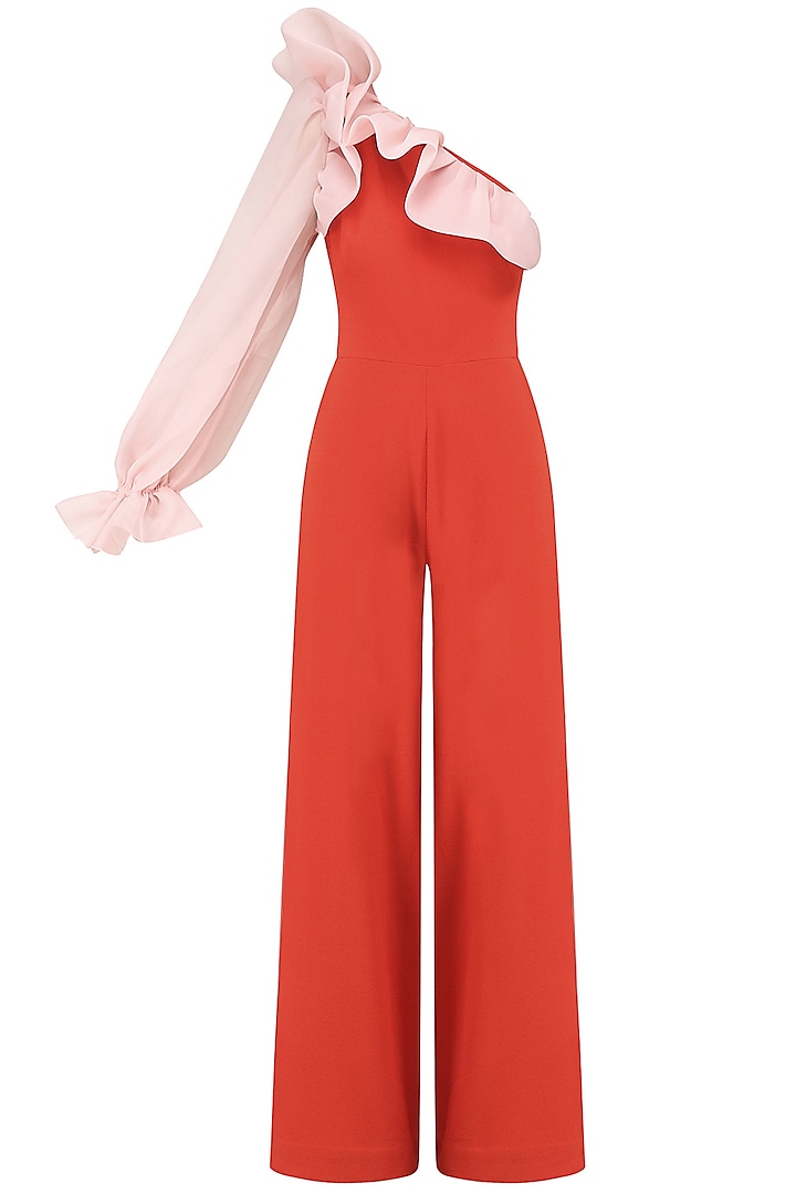 Orange and pink one shoulder ruffled jumpsuit available only at Pernia ...