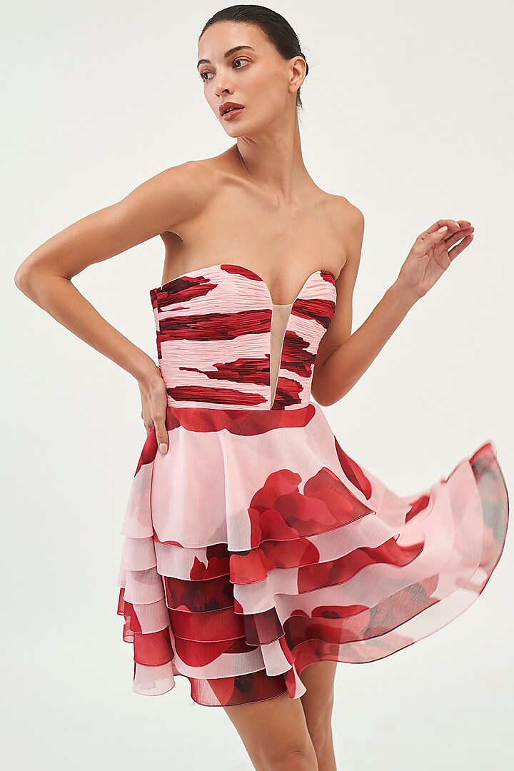 Pink Crinkled Chiffon Mini Party Wear Dress by Gauri and Nainika at Pernia's Pop Up Shop