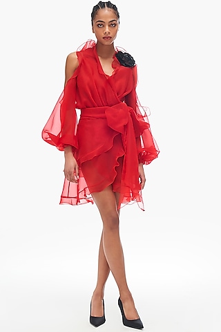 Red Organza Ruffled Dress by Gauri and Nainika