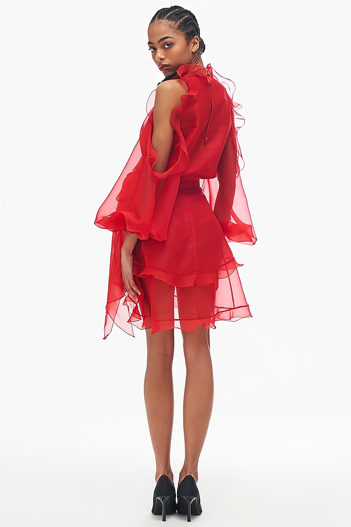 Red Organza Ruffled Party Wear Dress by Gauri and Nainika at Pernia's Pop Up Shop