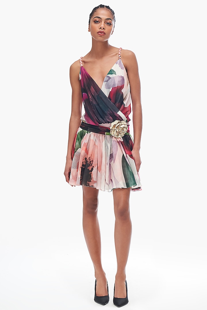 Multi-Colored Chiffon Printed & Embroidered Mini Party Wear Dress by Gauri and Nainika at Pernia's Pop Up Shop