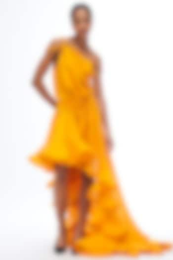 Mustard Organza Asymmetrical Gown by Gauri and Nainika at Pernia's Pop Up Shop