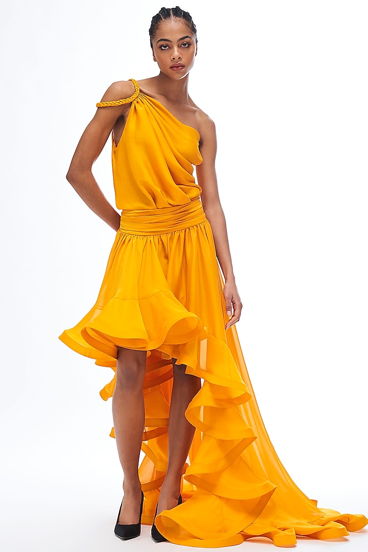 Mustard Organza Asymmetrical Gown by Gauri and Nainika at Pernia's Pop Up Shop