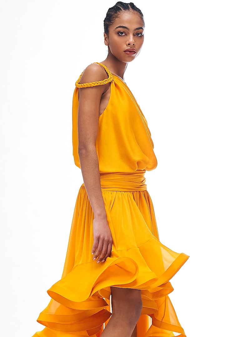 Mustard Organza Asymmetrical Wedding Gown by Gauri and Nainika at Pernia's Pop Up Shop