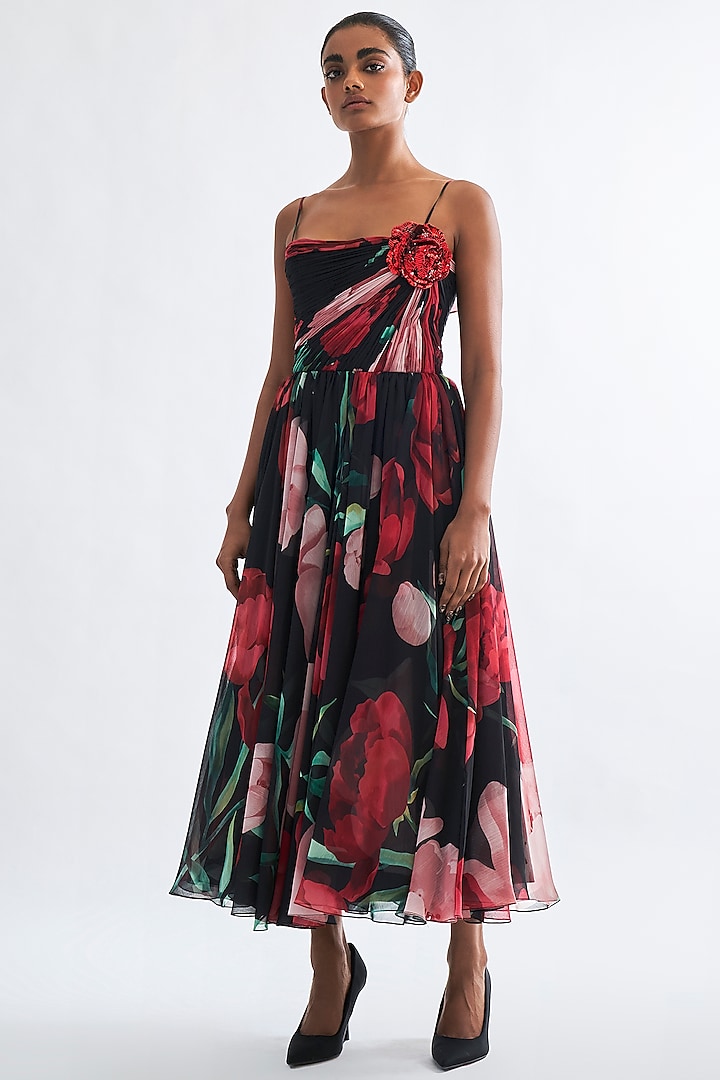 Multi-Colored Chiffon Embroidered Midi Dress by Gauri and Nainika at Pernia's Pop Up Shop