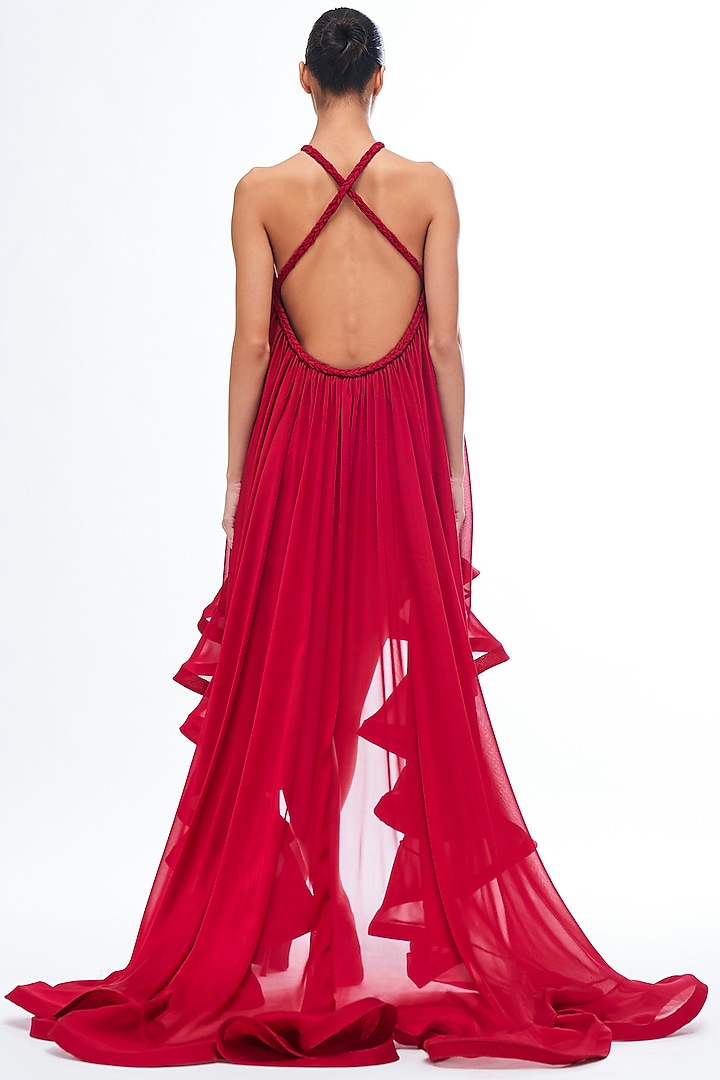 Berry Red Organza High-Low Party Wear Dress by Gauri and Nainika at Pernia's Pop Up Shop