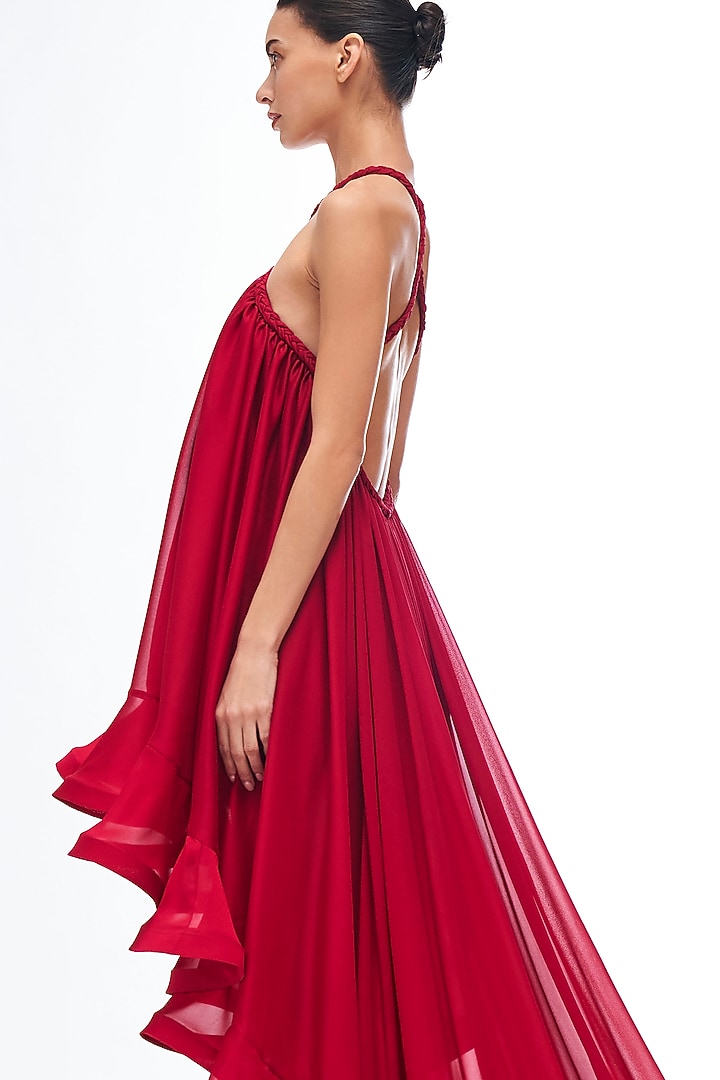 Berry Red Organza High-Low Party Wear Dress by Gauri and Nainika at Pernia's Pop Up Shop
