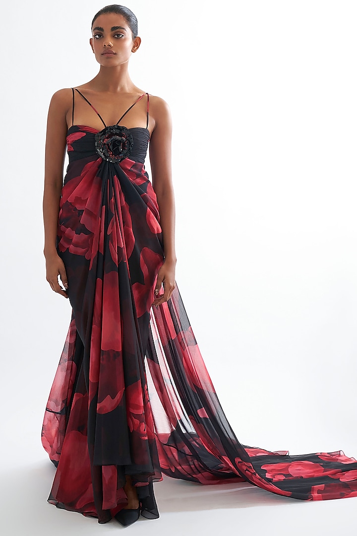 Black Chiffon Embroidered Gown by Gauri And Nainika at Pernia's Pop Up Shop