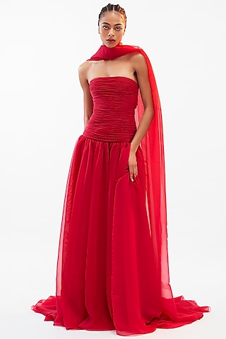 Berry Red Organza Gown by Gauri And Nainika