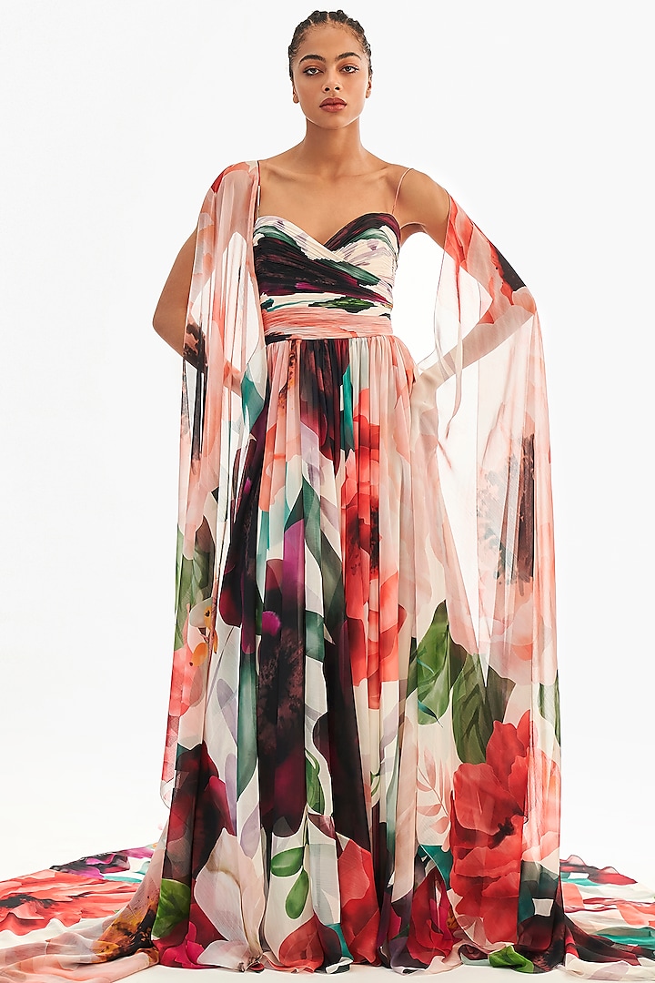 Multi-Colored Crinkled Chiffon Printed Gown by Gauri And Nainika at Pernia's Pop Up Shop