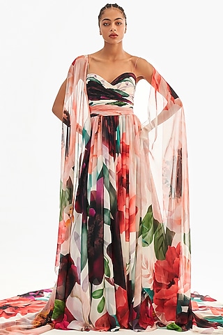Multi-Colored Crinkled Chiffon Printed Gown by Gauri And Nainika