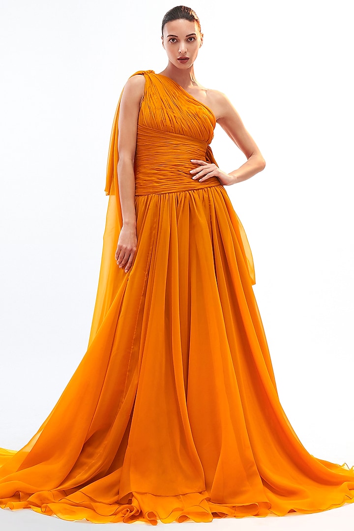 Mustard Organza Draped Gown by Gauri And Nainika at Pernia's Pop Up Shop