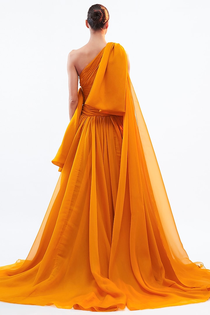 Mustard Organza Draped Bridal Gown by Gauri And Nainika at Pernia's Pop Up Shop
