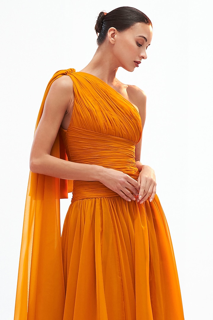 Mustard Organza Draped Bridal Gown by Gauri And Nainika at Pernia's Pop Up Shop