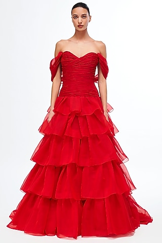 Red Organza Off-Shoulder Gown by Gauri And Nainika