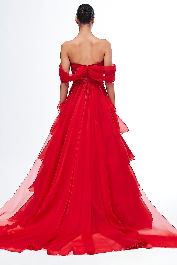 Red Organza Off-Shoulder Bridal Gown by Gauri And Nainika at Pernia's Pop Up Shop