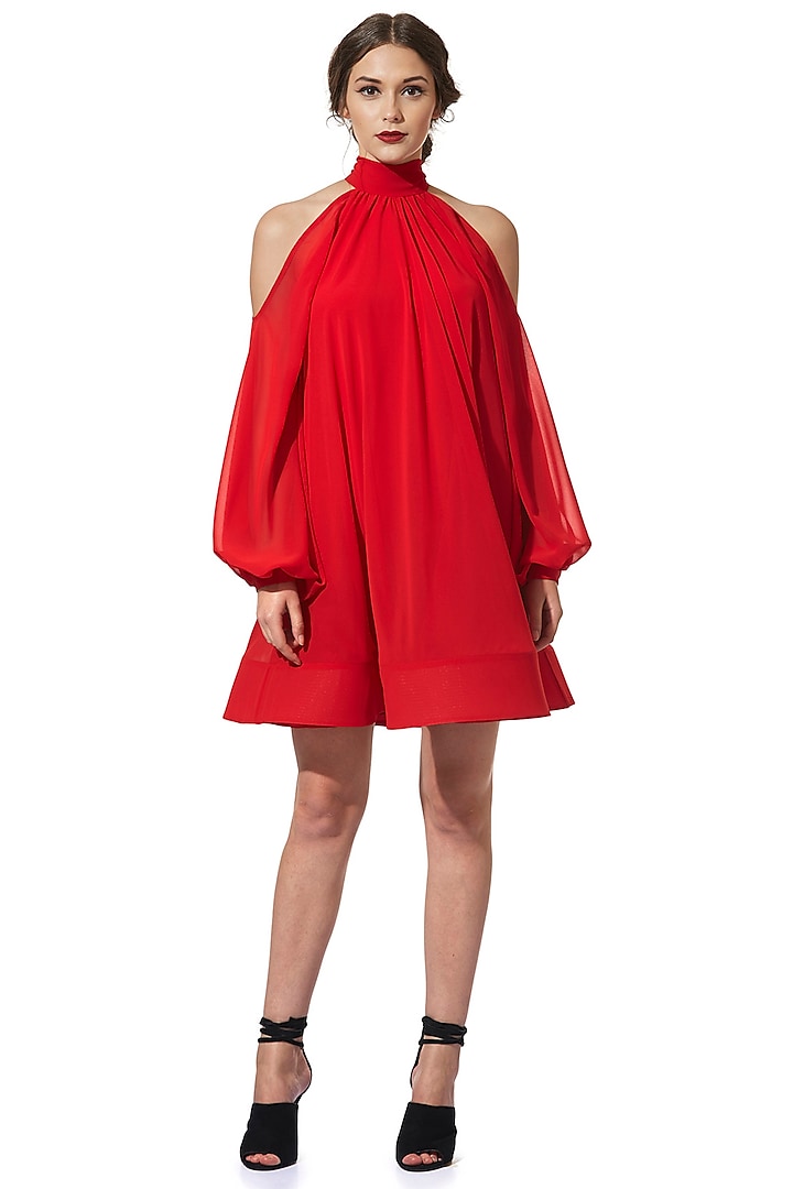 Red Halter Dress With Draped Sleeves by Gauri and Nainika