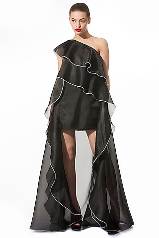 Black Organza One-Shoulder Shift Dress by Gauri and Nainika