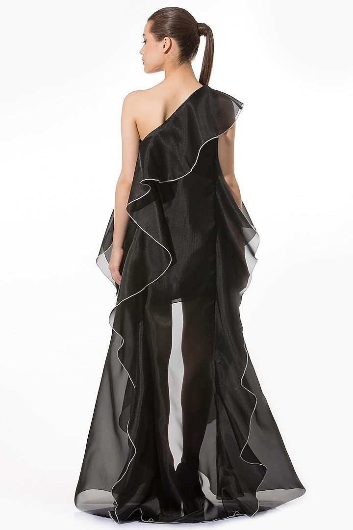 Black Organza One-Shoulder Shift Party Wear Dress by Gauri and Nainika at Pernia's Pop Up Shop