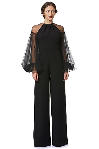 Black Jumpsuit With Sheer Sleeves by Gauri and Nainika