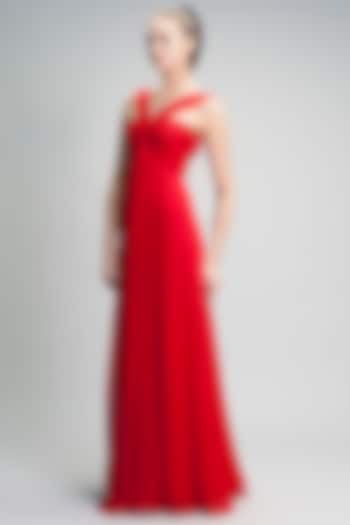 Red Slim Viscose Georgette Gown by Gauri and Nainika