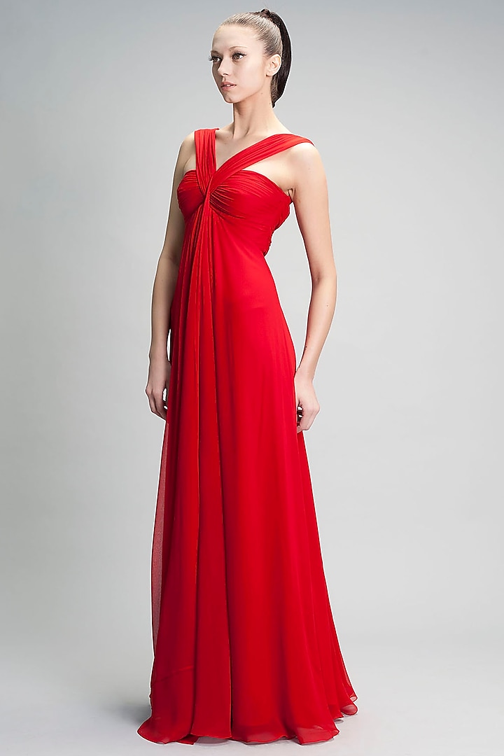 Red Slim Viscose Georgette Gown by Gauri and Nainika