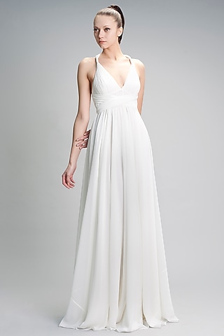 Ivory Belted Gown With V-Neckline by Gauri and Nainika