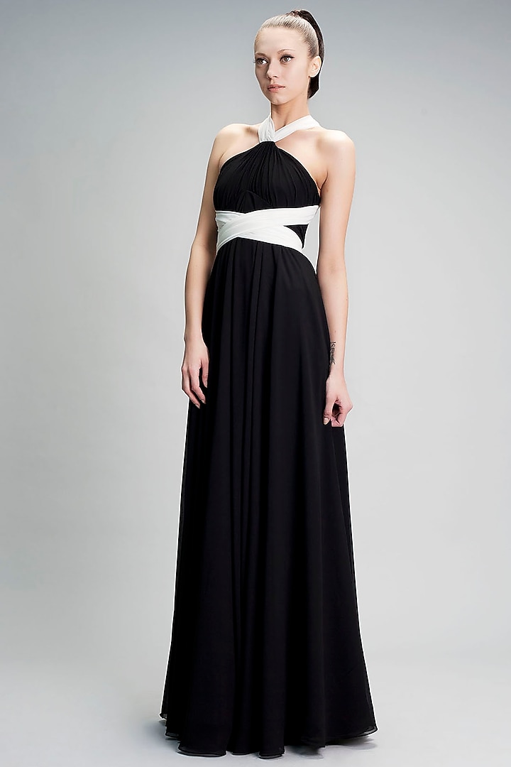 Black & Ivory Belted Gown by Gauri and Nainika