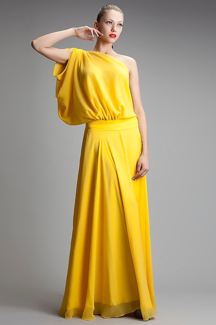 Yellow One Shoulder Gown by Gauri and Nainika