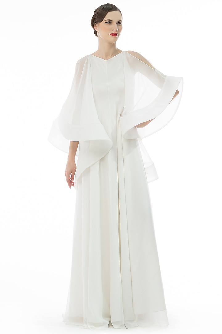 Ivory Trapeza Gown With Dramatic Sleeves by Gauri and Nainika