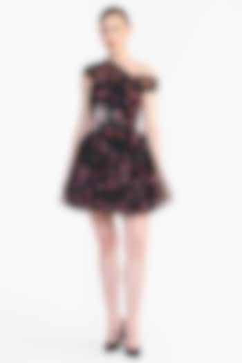 Black Tulle Floral Printed Crystal Embroidered Mini Party Wear Dress by Gauri And Nainika at Pernia's Pop Up Shop