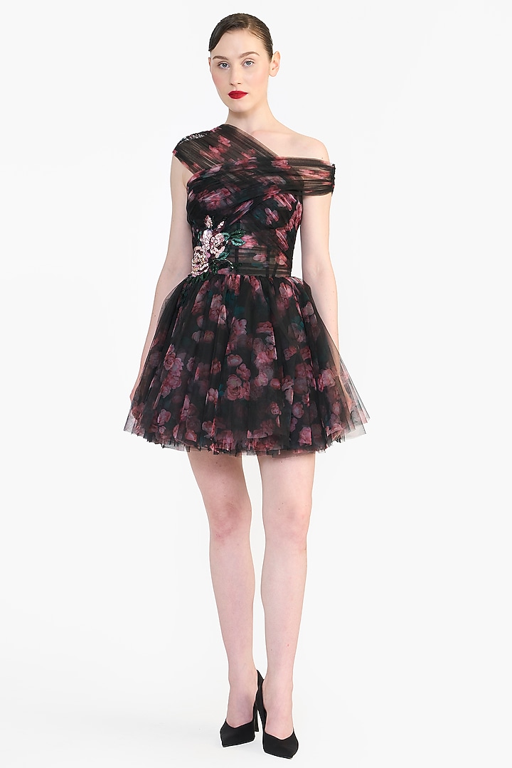 Black Tulle Floral Printed Crystal Embroidered Mini Party Wear Dress by Gauri And Nainika at Pernia's Pop Up Shop