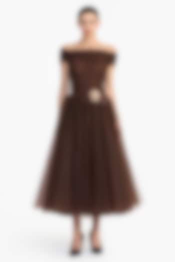 Brown Tulle Off-Shoulder Midi Party Wear Dress by Gauri And Nainika at Pernia's Pop Up Shop