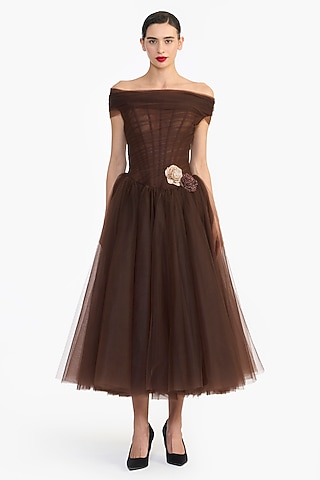 Brown Tulle Off-Shoulder Midi Dress by Gauri And Nainika