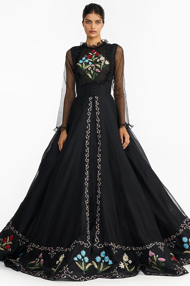 Black Silk Organza Embroidered Angrakha by Gauri And Nainika at Pernia's Pop Up Shop