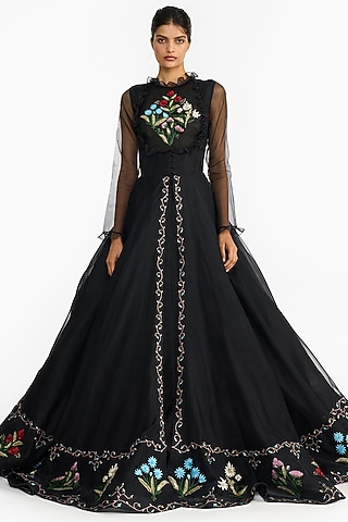 Black Silk Organza Embroidered Angrakha by Gauri And Nainika