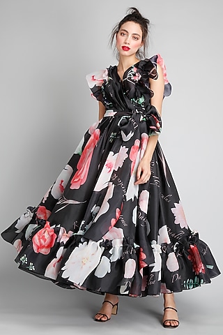 Black Organza Floral Printed Wrap Dress by Gauri And Nainika