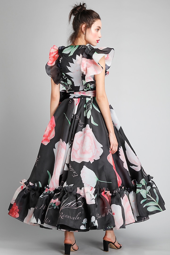 Black Organza Floral Printed Wrap Party Wear Dress by Gauri And Nainika at Pernia's Pop Up Shop
