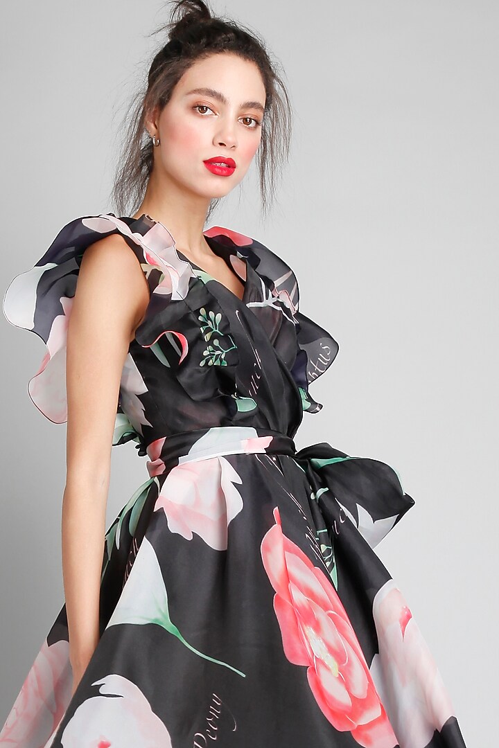 Black Organza Floral Printed Wrap Party Wear Dress by Gauri And Nainika at Pernia's Pop Up Shop