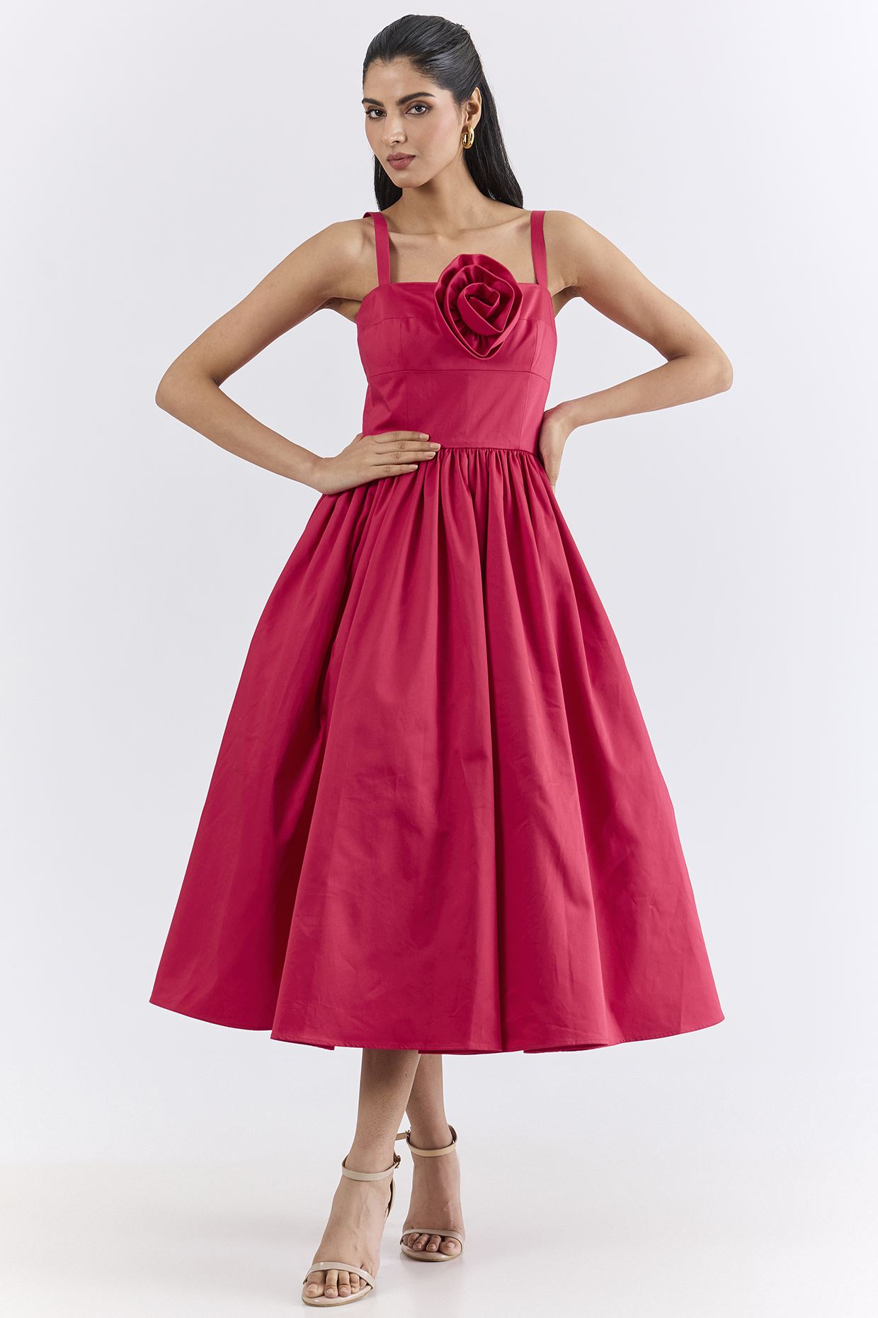 Raspberry Red Cotton Midi Party Wear Dress by Gauri And Nainika at Pernia's Pop Up Shop