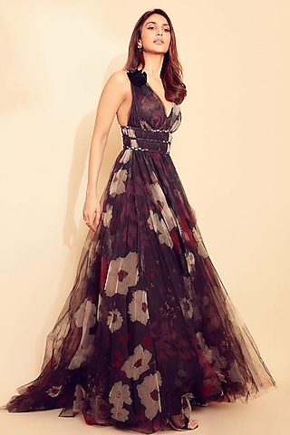 Black Floral Printed Gown by Gauri And Nainika