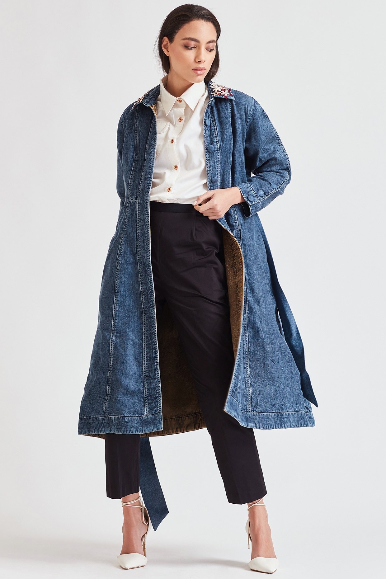 Cobalt Blue Embroidered Denim Trench 