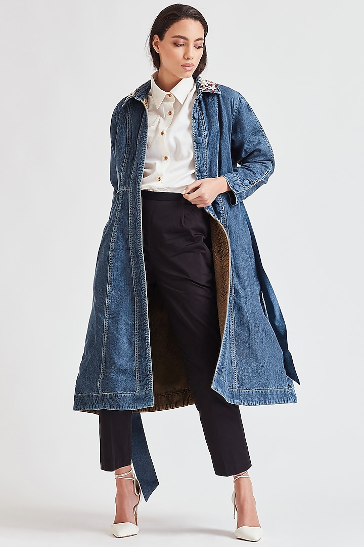 Cobalt Blue Embroidered Denim Trench Coat by Our Love